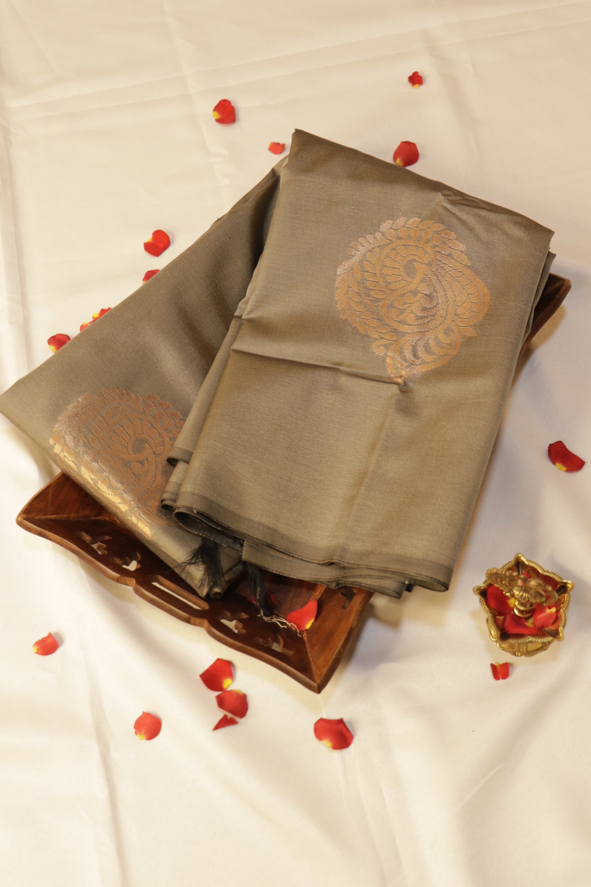 Soft Luxury Silk - Slate Metallic Olive with Antique Copper-Gold Zari - SLSEQ001