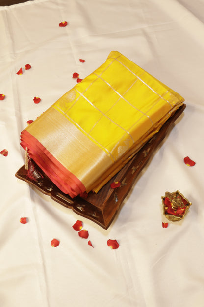 Pure Silk Saree -  Vibrant Lemon Yellow with Coral Red - SLKEQ001