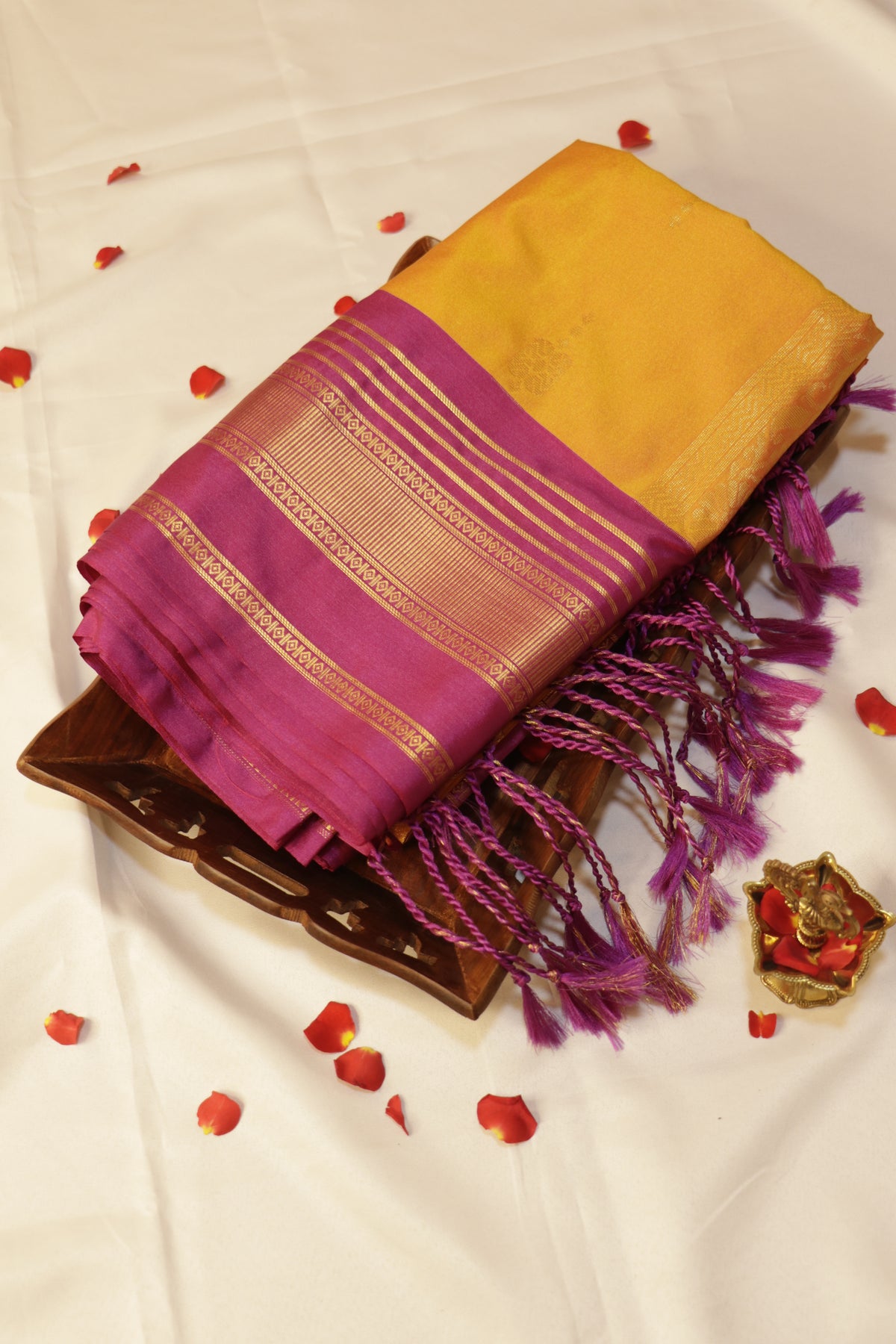 Pure Silk Saree - Bright Mango Yellow with Magenta Pink - SLKEQ002
