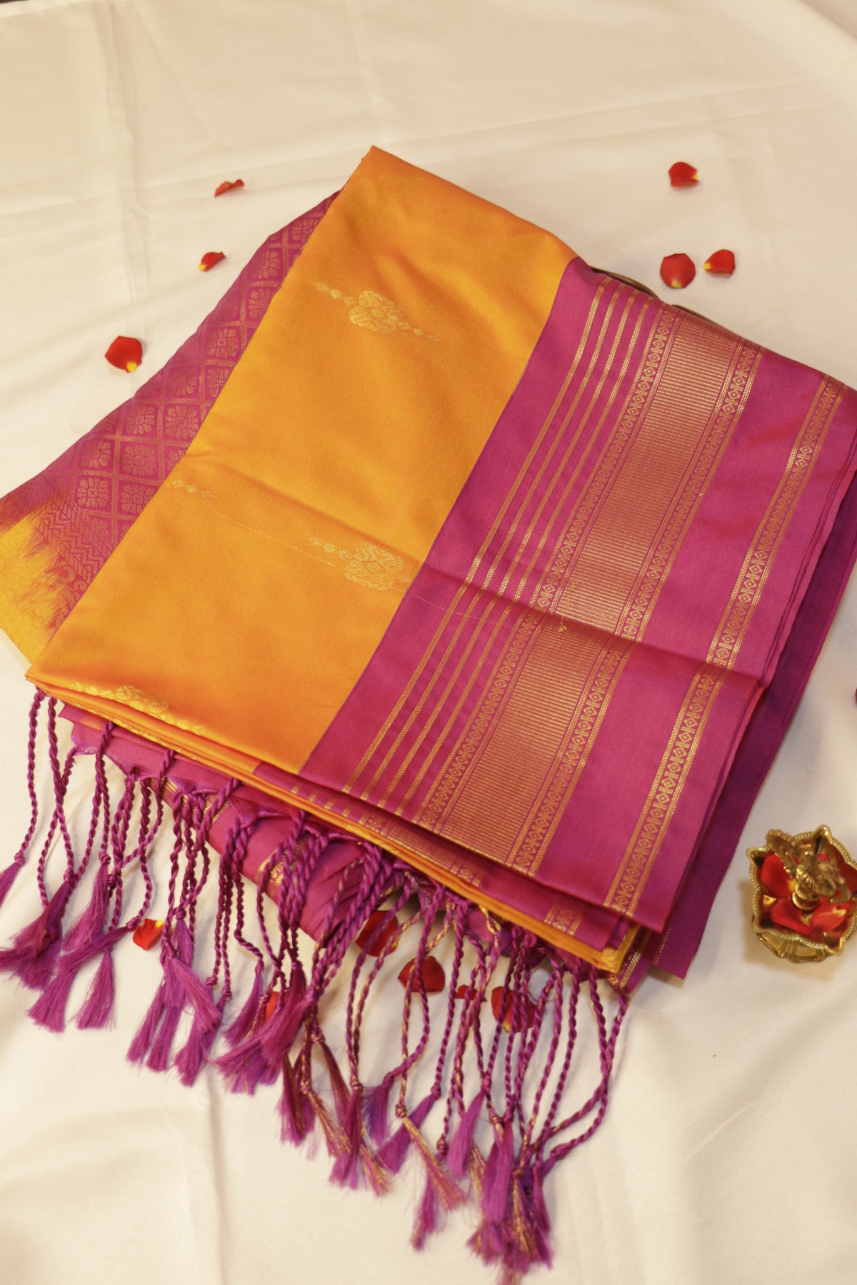 Pure Silk Saree - Bright Mango Yellow with Magenta Pink - SLKEQ002