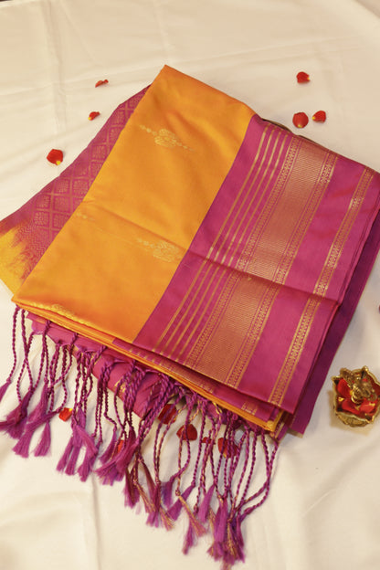 Pure Silk Saree - Bright Mango Yellow with Magenta Pink - SLKEQ002