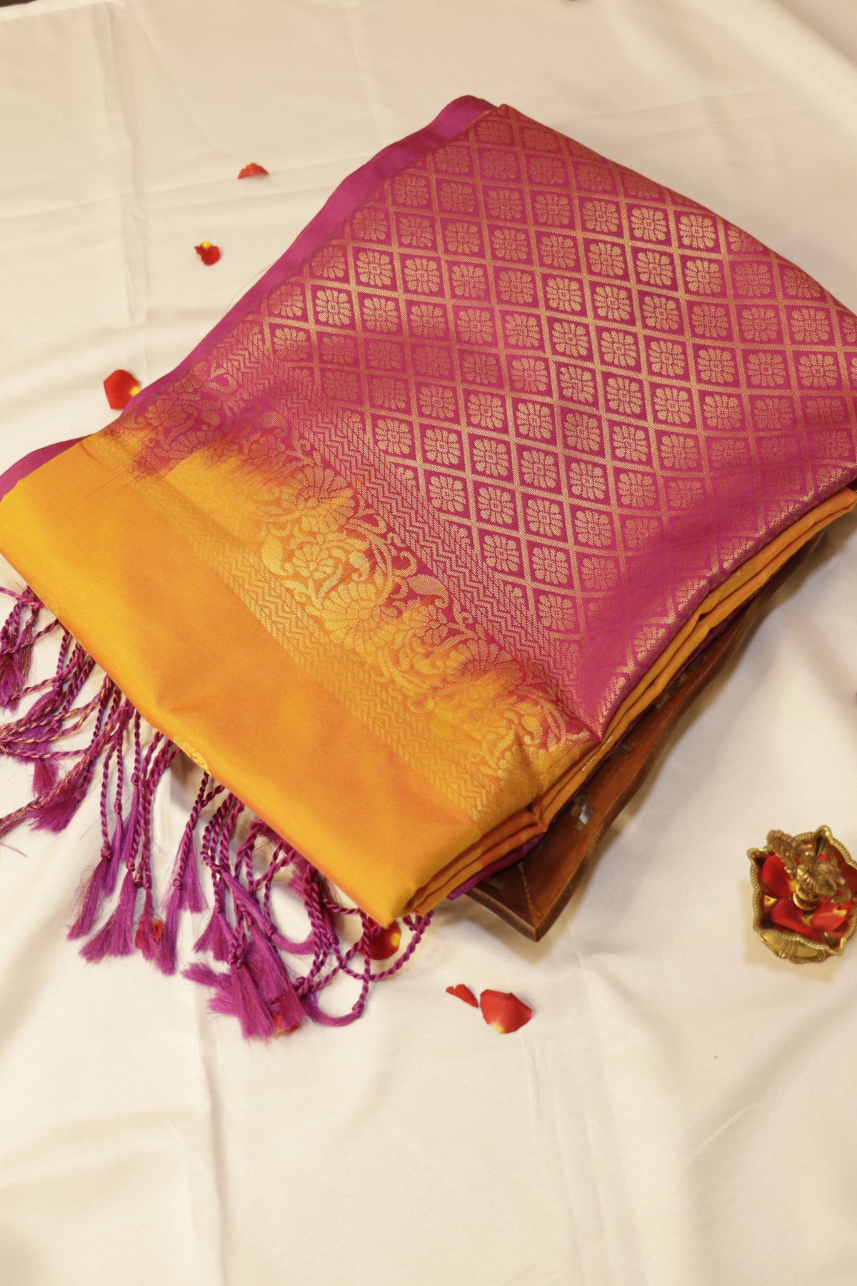 Pure Silk Saree - Bright Mango Yellow with Magenta Pink - SLKEQ002