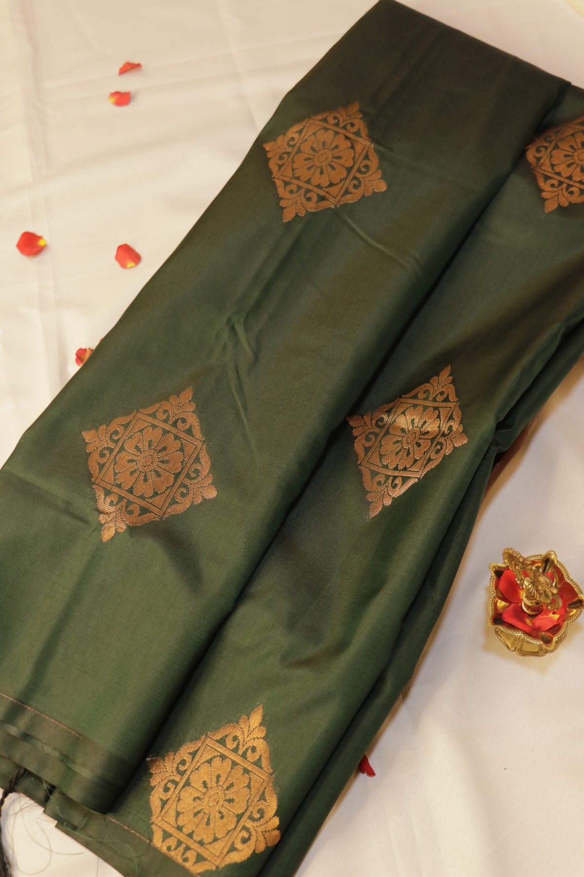 Soft Luxury Silk - Deep Bottle Green with Antique Gold Zari - SLSEQ002