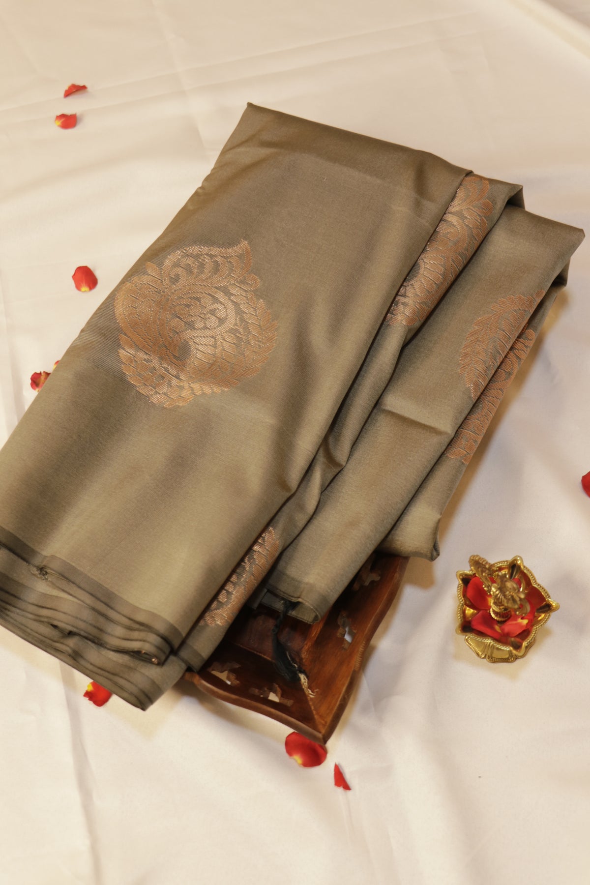 Soft Luxury Silk - Slate Metallic Olive with Antique Copper-Gold Zari - SLSEQ001