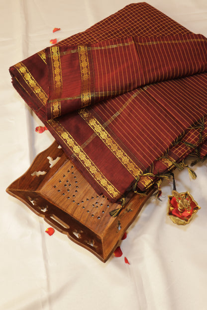 Muthukattam Cotton Saree - Deep Maroon with Golden Zari - ACEQ001