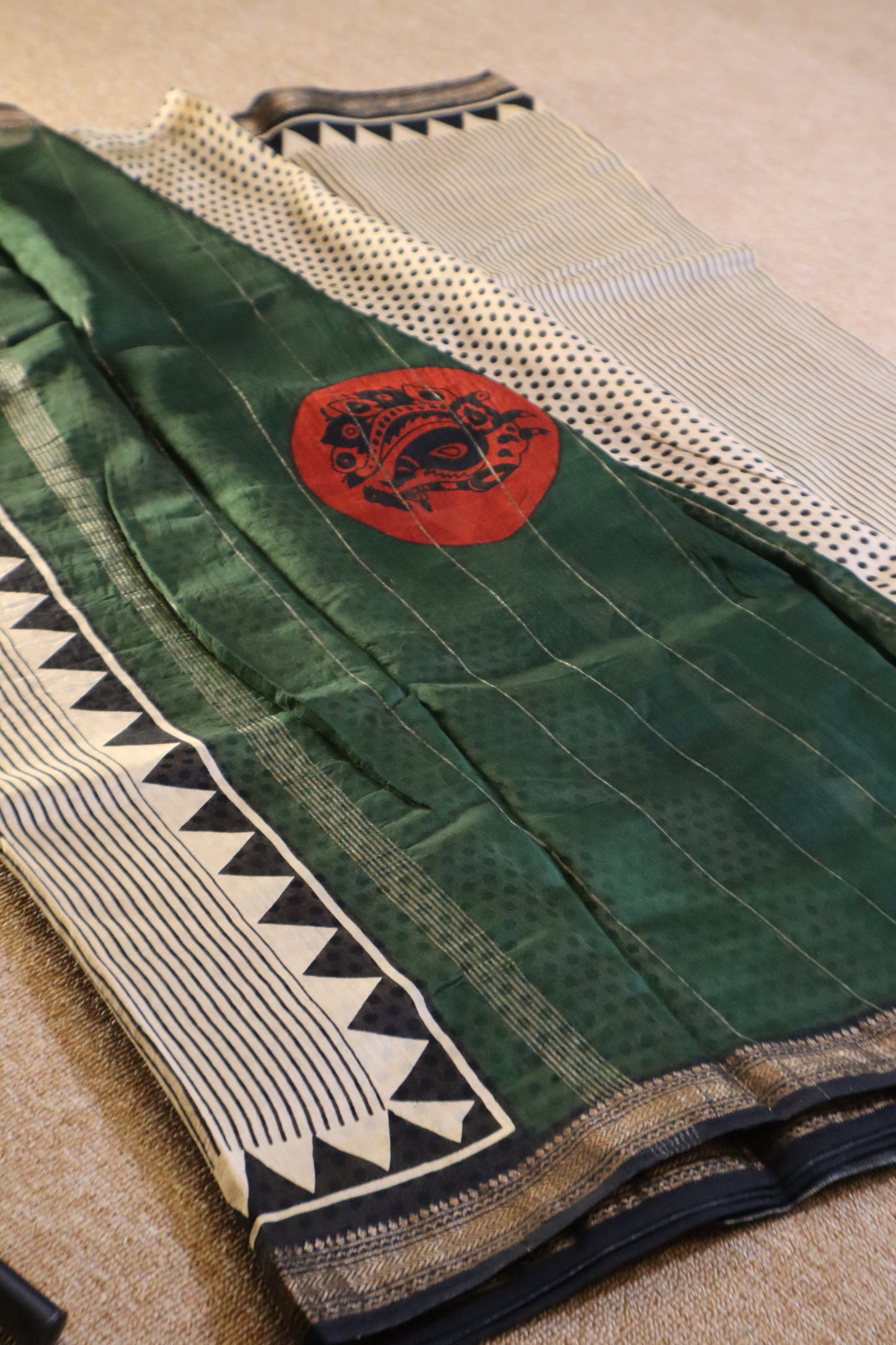 Maheshwari Silk Saree - Off-White with Black Stripes and Green Pallu