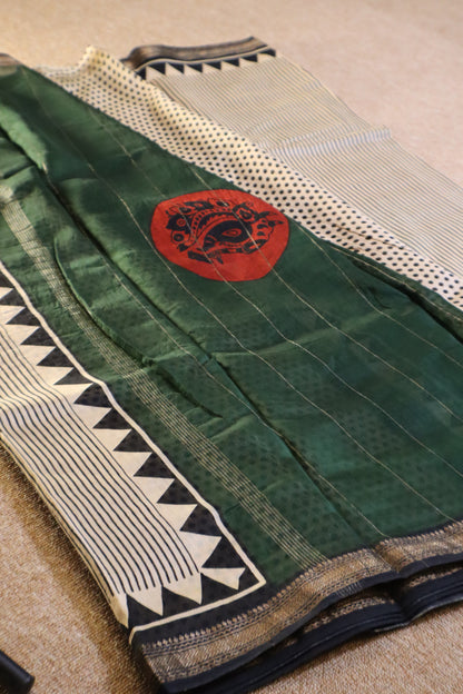 Maheshwari Silk Saree - Off-White with Black Stripes and Green Pallu