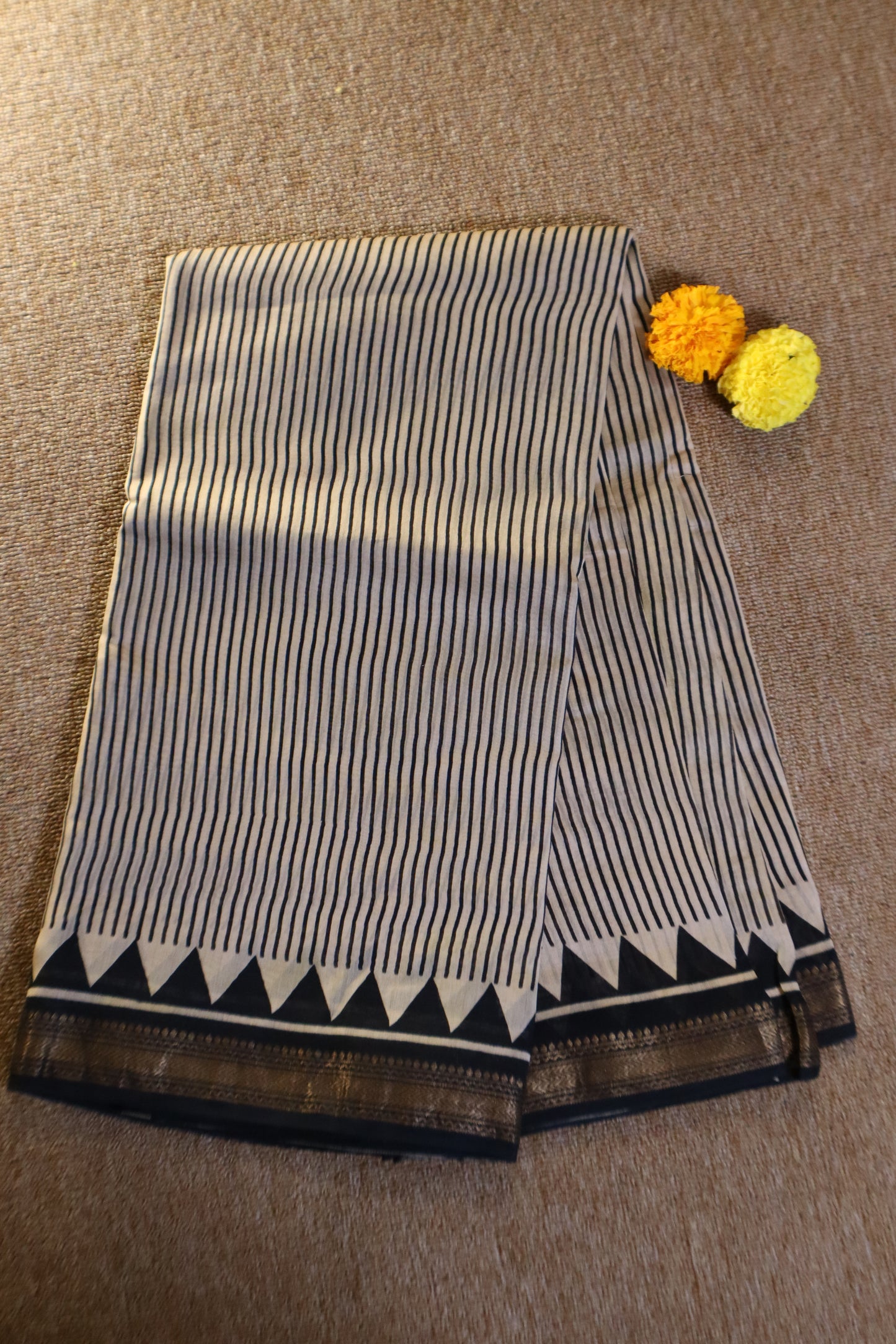 Maheshwari Silk Saree - Off-White with Black Stripes and Green Pallu