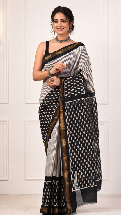 Maheshwari Silk Saree - Off-White with Black and Leaf Pallu