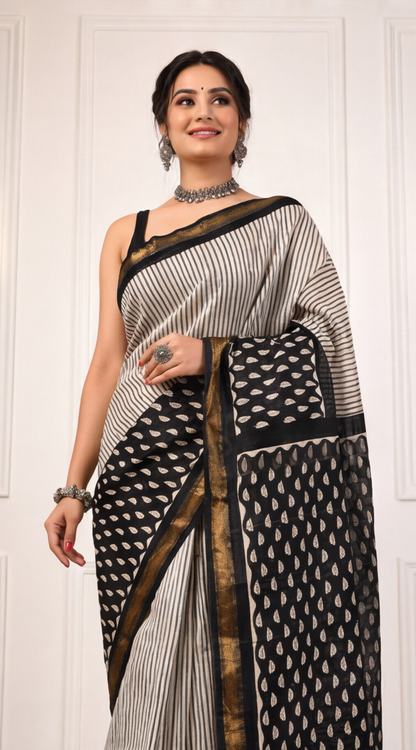 Maheshwari Silk Saree - Off-White with Black and Leaf Pallu