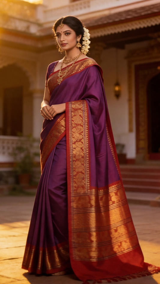 Narayanpet - Purple with Red Long Border Saree