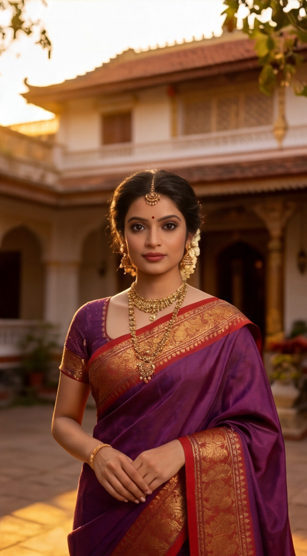 Narayanpet - Purple with Red Long Border Saree