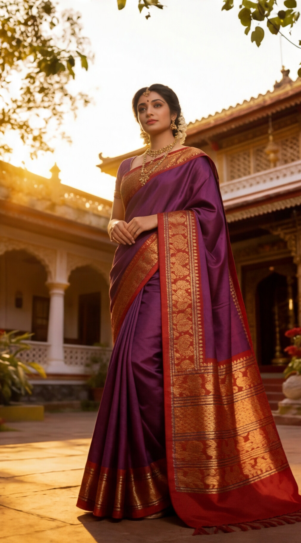 Narayanpet - Purple with Red Long Border Saree