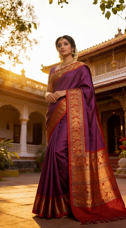 Narayanpet - Purple with Red Long Border Saree