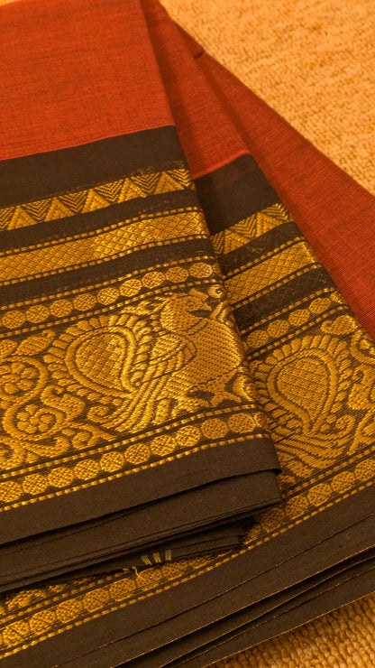 Traditional Kanchi Cotton - Terracotta Rust Red with Midnight Black - TKCEQ006