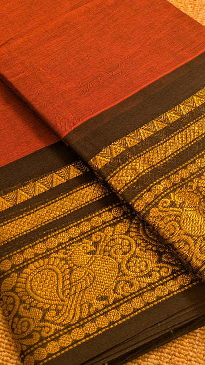 Traditional Kanchi Cotton - Terracotta Rust Red with Midnight Black - TKCEQ006