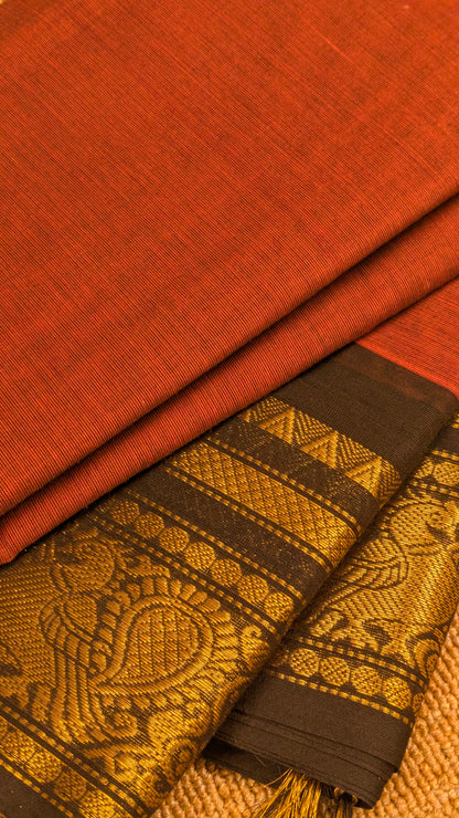 Traditional Kanchi Cotton - Terracotta Rust Red with Midnight Black - TKCEQ006