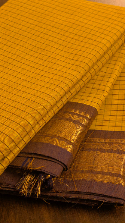 Traditional Kanchi Cotton - Warm Mustard Yellow with Lavender Purple - TKCEQ007