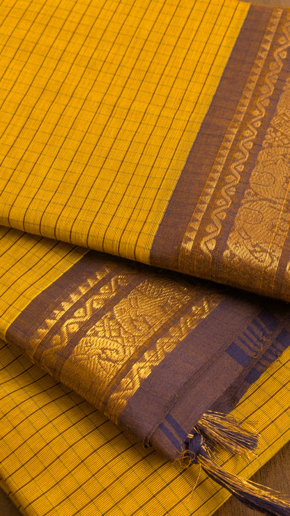 Traditional Kanchi Cotton - Warm Mustard Yellow with Lavender Purple - TKCEQ007