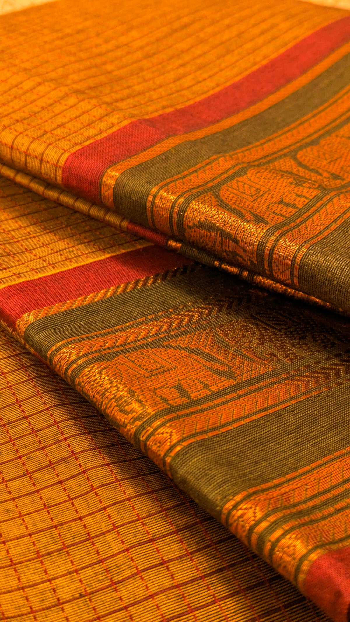 Traditional Kanchi Cotton -  Honey Brown with Olive Green and Rani Pink  - TKCEQ011