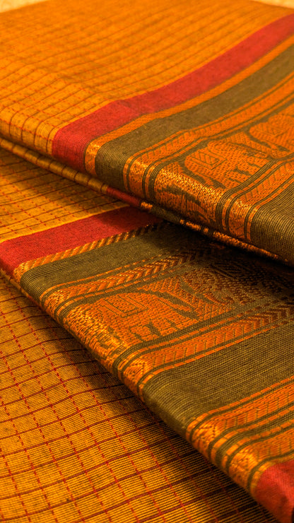 Traditional Kanchi Cotton -  Honey Brown with Olive Green and Rani Pink  - TKCEQ011
