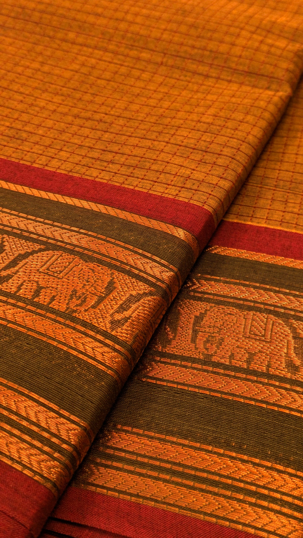 Traditional Kanchi Cotton -  Honey Brown with Olive Green and Rani Pink  - TKCEQ011