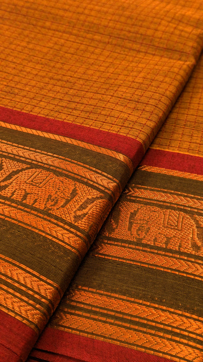 Traditional Kanchi Cotton -  Honey Brown with Olive Green and Rani Pink  - TKCEQ011