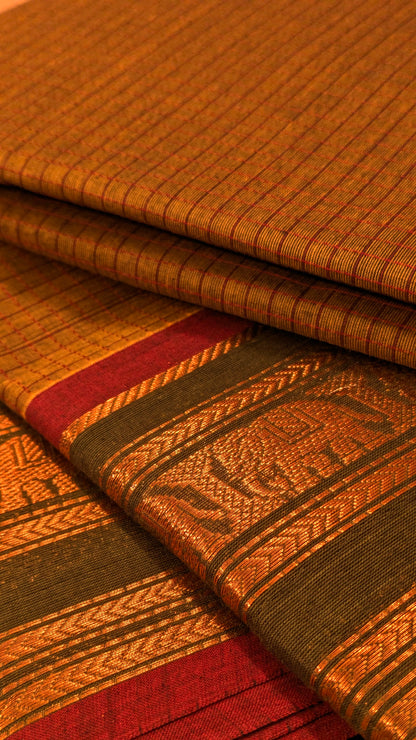 Traditional Kanchi Cotton -  Honey Brown with Olive Green and Rani Pink  - TKCEQ011
