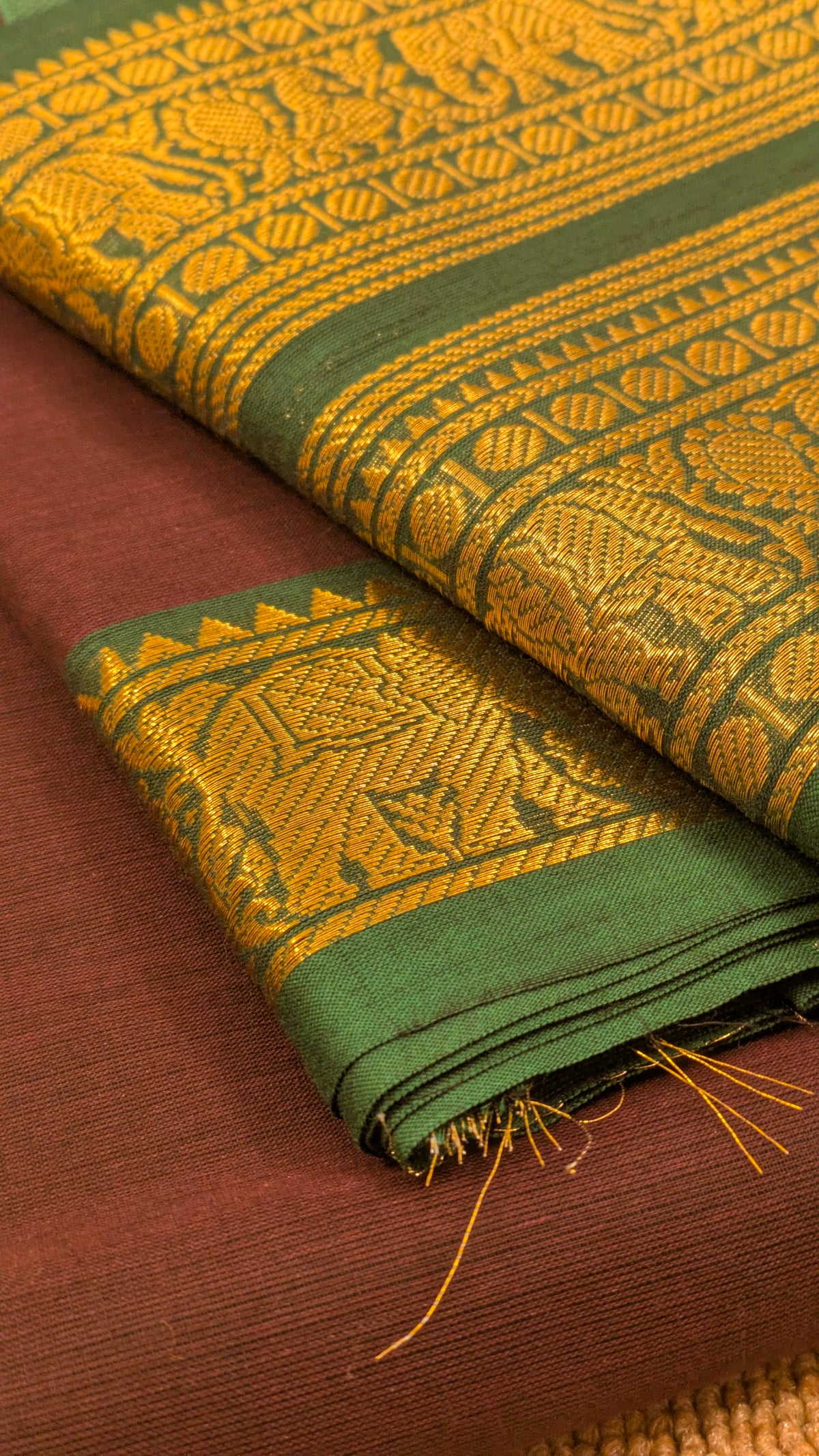 Traditional Kanchi Cotton -  Dark Coffee Brown with Earthy Green  - TKCEQ012