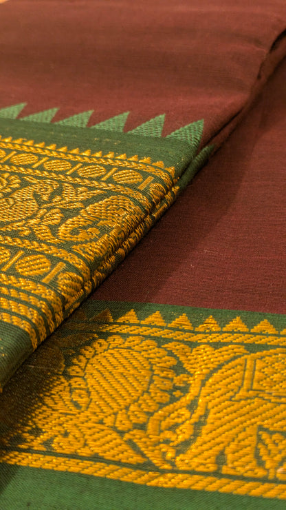 Traditional Kanchi Cotton -  Dark Coffee Brown with Earthy Green  - TKCEQ012