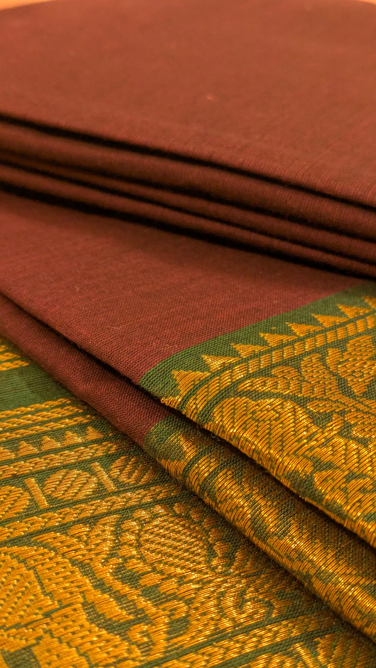 Traditional Kanchi Cotton -  Dark Coffee Brown with Earthy Green  - TKCEQ012