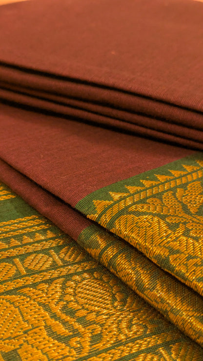 Traditional Kanchi Cotton -  Dark Coffee Brown with Earthy Green  - TKCEQ012
