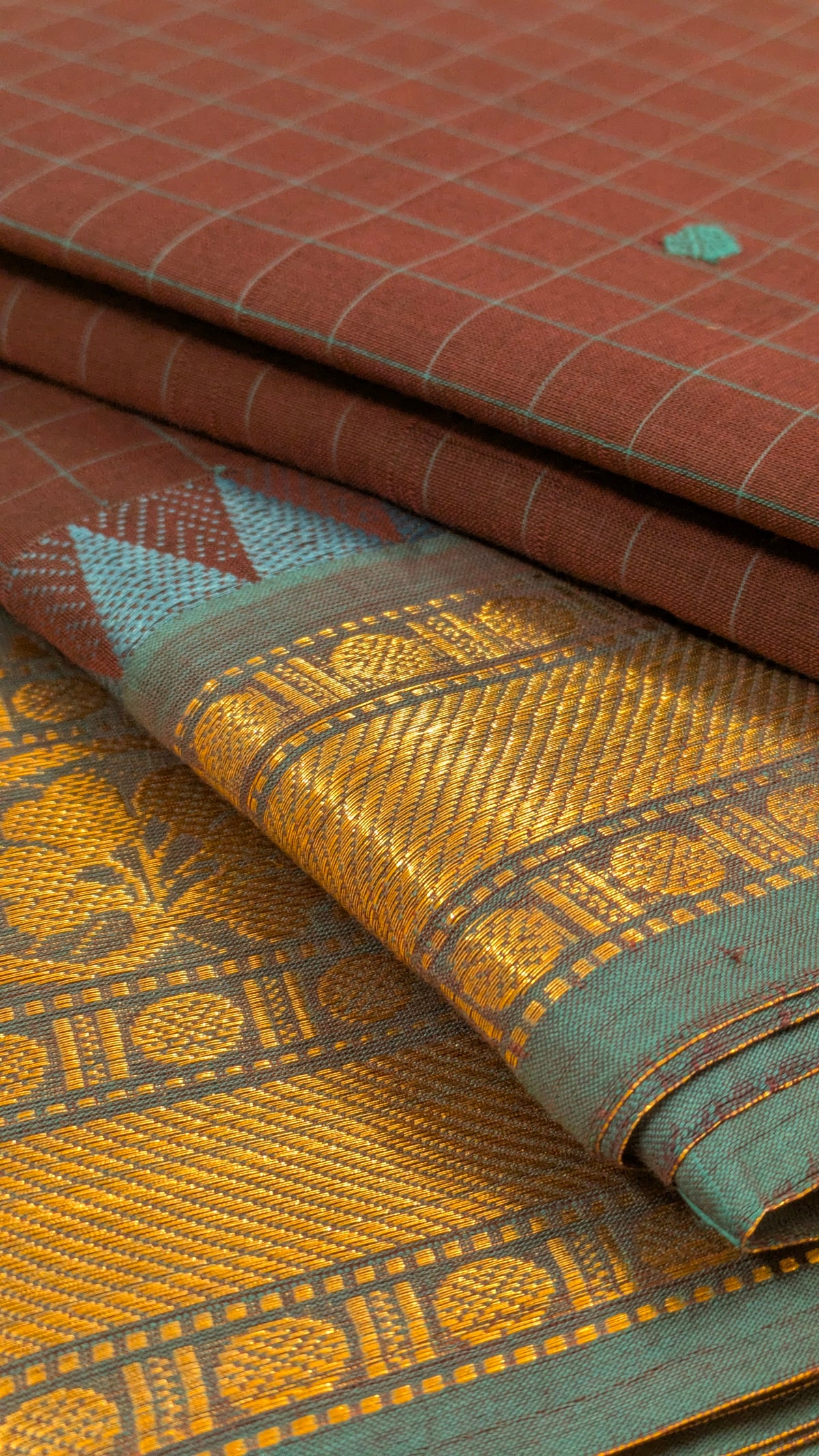 Traditional Kanchi Cotton - Checked Coffee Brown with Teal Blue & Gold Zari - TKCEQ013