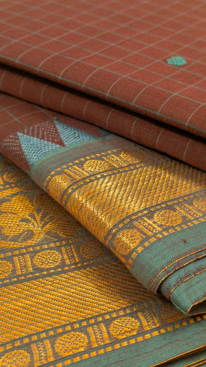 Traditional Kanchi Cotton - Checked Coffee Brown with Teal Blue & Gold Zari - TKCEQ013