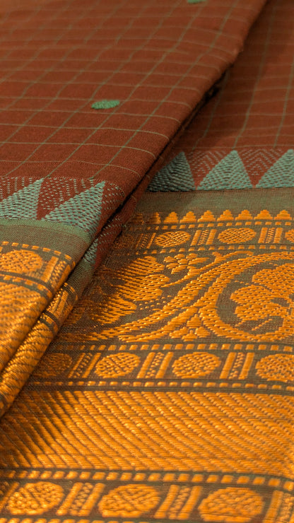 Traditional Kanchi Cotton - Checked Coffee Brown with Teal Blue & Gold Zari - TKCEQ013