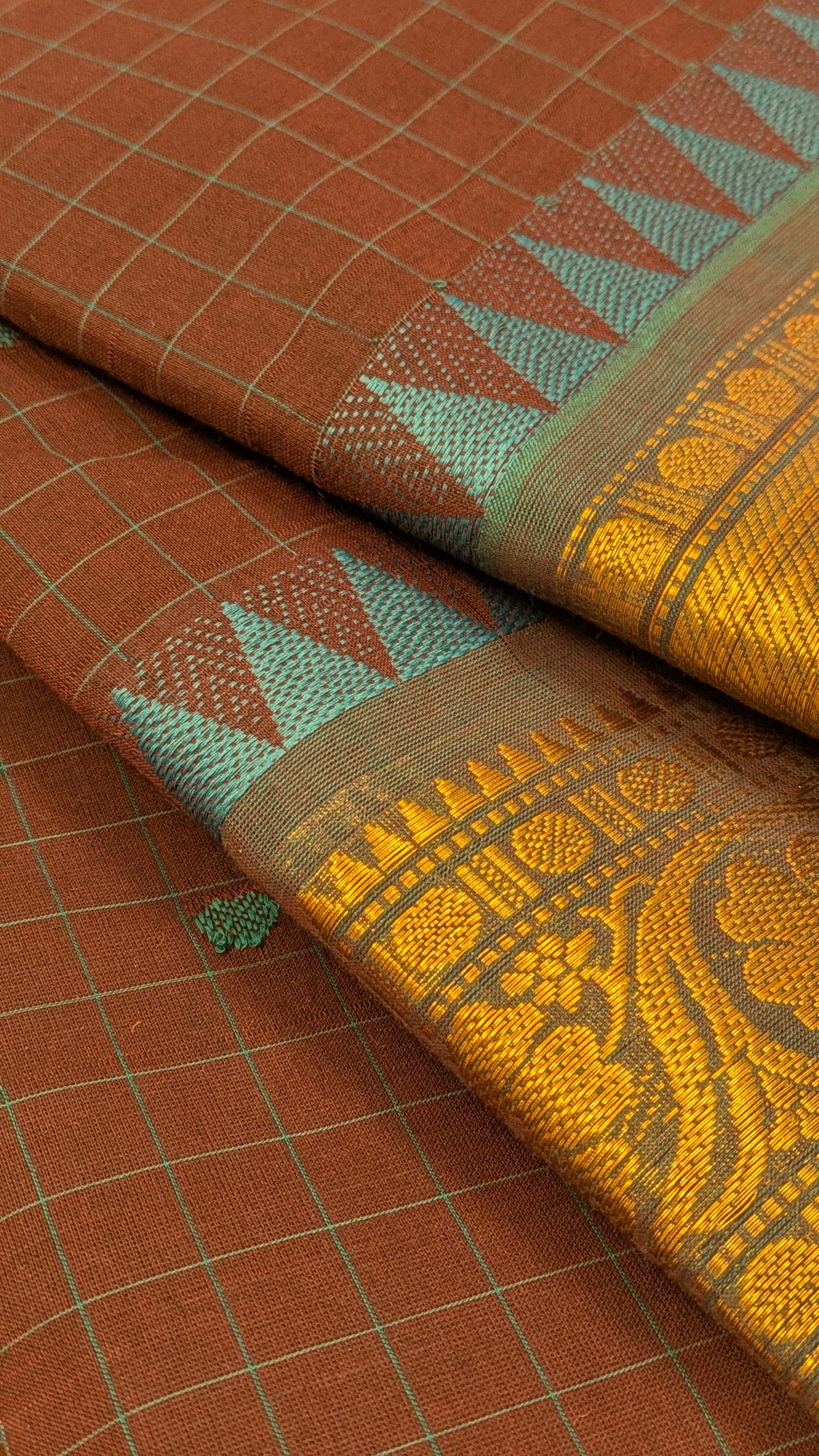 Traditional Kanchi Cotton - Checked Coffee Brown with Teal Blue & Gold Zari - TKCEQ013