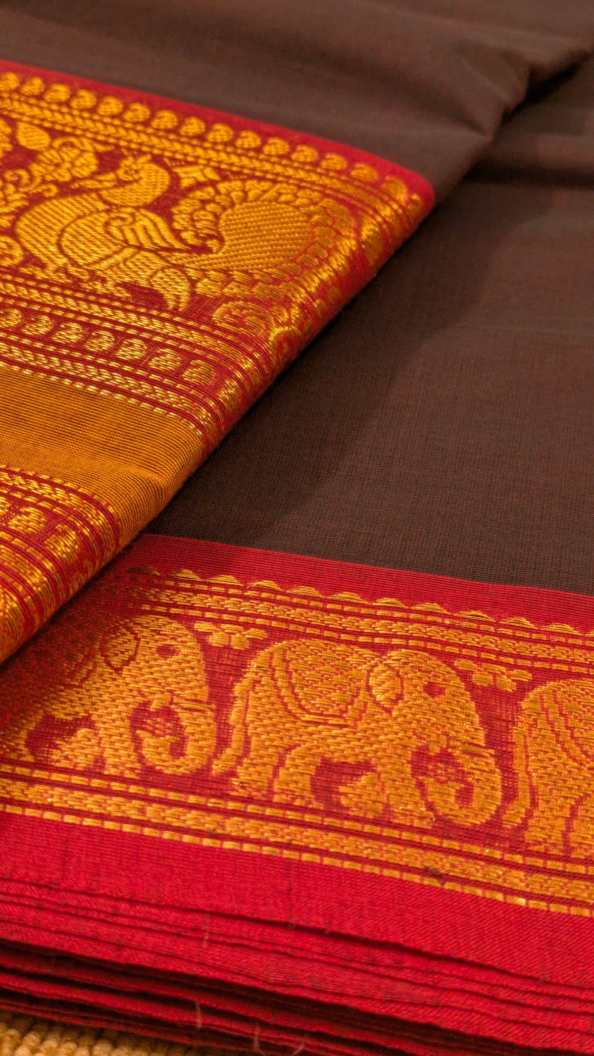 Traditional Kanchi Cotton - Rich Coffee Brown with Festive Red & Gold Zari - TKCEQ014