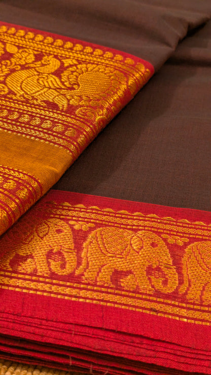 Traditional Kanchi Cotton - Rich Coffee Brown with Festive Red & Gold Zari - TKCEQ014