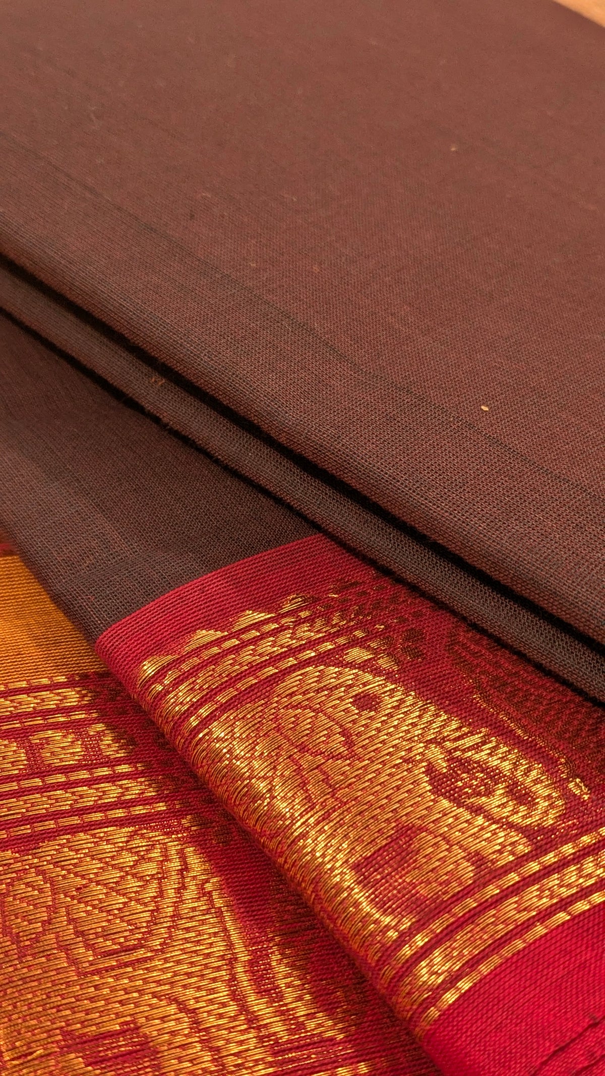 Traditional Kanchi Cotton - Rich Coffee Brown with Festive Red & Gold Zari - TKCEQ014