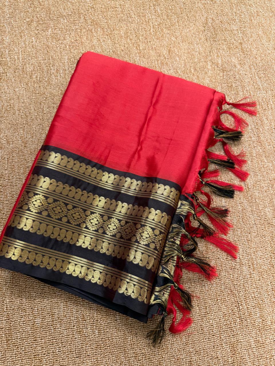 Banarasi Soft Katan Silk Saree - Red with Black - BKSEQ001