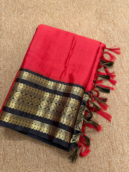 Banarasi Soft Katan Silk Saree - Red with Black - BKSEQ001