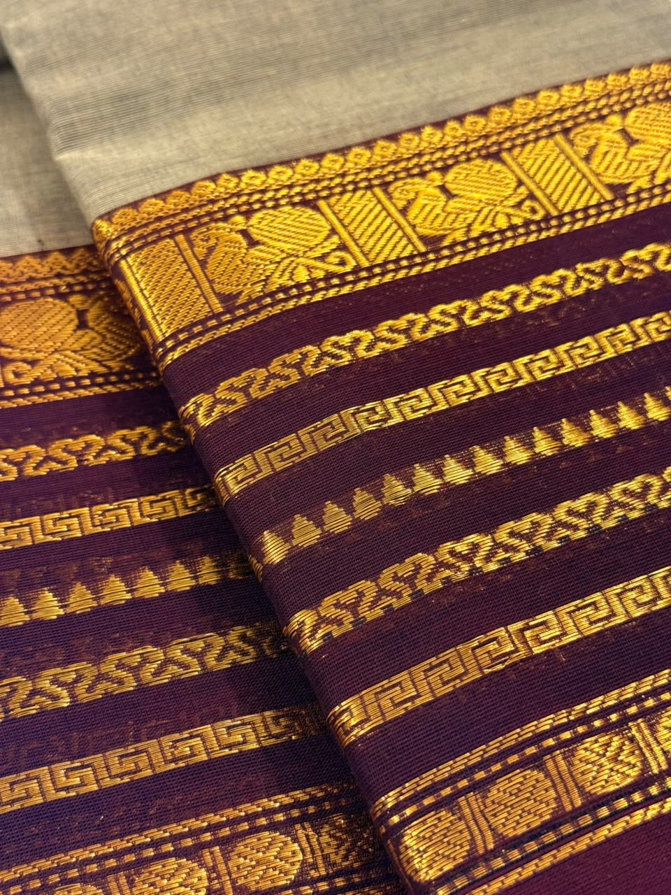 Traditional Kanchi Cotton -  Elegant Grey with Rich Maroon & Gold  - TKCEQ015