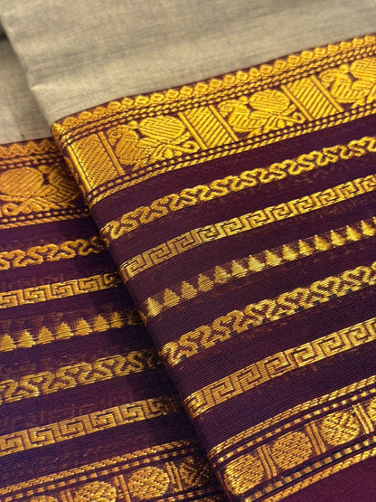 Traditional Kanchi Cotton -  Elegant Grey with Rich Maroon & Gold  - TKCEQ015