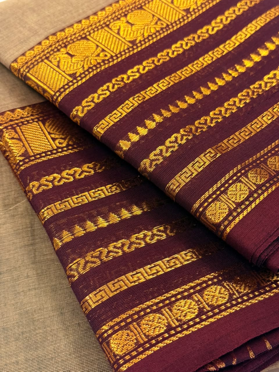 Traditional Kanchi Cotton -  Elegant Grey with Rich Maroon & Gold  - TKCEQ015