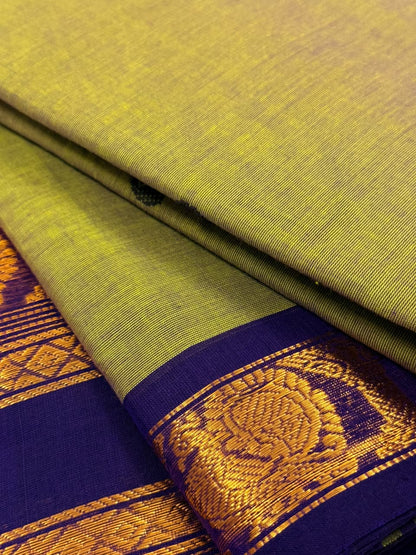 Traditional Kanchi Cotton - Olive Green with Royal Navy Blue - TKCEQ016