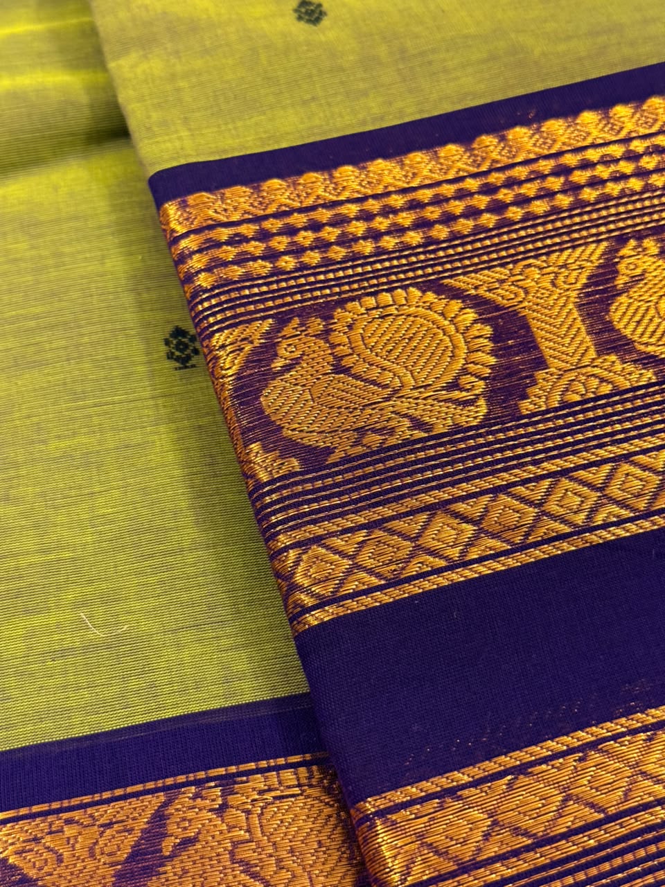 Traditional Kanchi Cotton - Olive Green with Royal Navy Blue - TKCEQ016