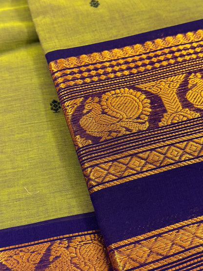 Traditional Kanchi Cotton - Olive Green with Royal Navy Blue - TKCEQ016