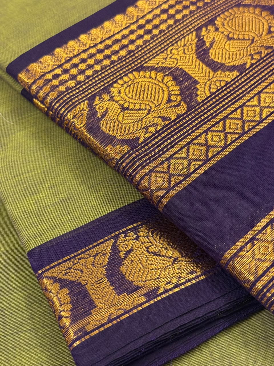 Traditional Kanchi Cotton - Olive Green with Royal Navy Blue - TKCEQ016