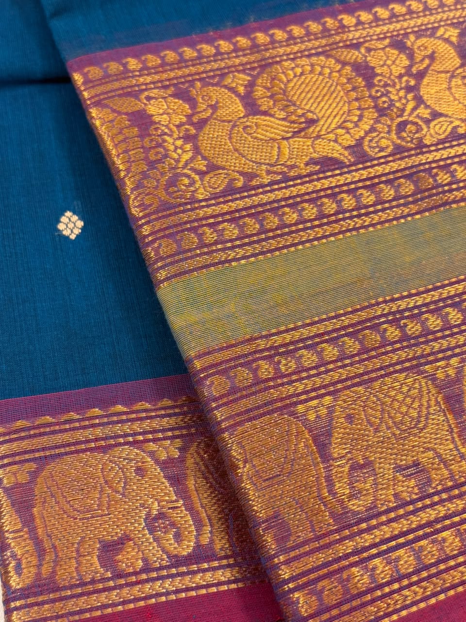 Traditional Kanchi Cotton - Peacock Blue with Lavender - TKCEQ017
