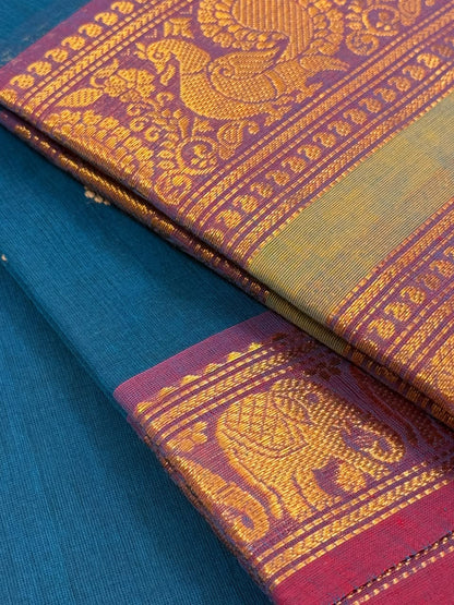 Traditional Kanchi Cotton - Peacock Blue with Lavender - TKCEQ017